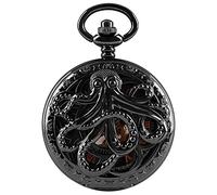 Dentily Hand Winding Hollow Roman Numerals Mechanical Pocket Watch Steampunk Mens Watches, black