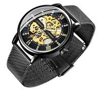 Dentily Men's Skeleton Watch Classic Roman Numeral Steampunk Mechanical Watch Hand-Wind Mens Watches (Blue), black gold, Mechanical