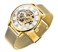 Dentily Men's Skeleton Watch Classic Roman Numeral Steampunk Mechanical Watch Hand-Wind Mens Watches (Blue), gold&white, Mechanical,Skeleton Watch