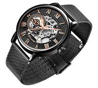 Dentily Men's Skeleton Watch Classic Roman Numeral Steampunk Mechanical Watch Hand-Wind Mens Watches (Blue), black rose gold, Mechanical