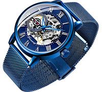 Dentily Men's Skeleton Watch Classic Roman Numeral Steampunk Mechanical Watch Hand-Wind Mens Watches (Blue)