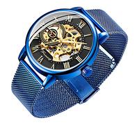 Dentily Men's Skeleton Watch Classic Roman Numeral Steampunk Mechanical Watch Hand-Wind Mens Watches (Blue), blue&black, Mechanical
