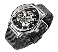 Dentily Men's Skeleton Watch Classic Roman Numeral Steampunk Mechanical Watch Hand-Wind Mens Watches (Blue), balck&silver, Skeleton Watch,Mechanical