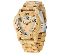 Dentily Men's Wood Watches Handmade Woooden Analog Quartz Skeleton Face Pattern Wooden Watch, browm&yellow