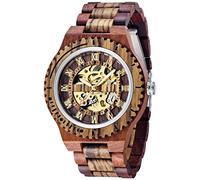 Dentily Men's Wooden Mechanical Watch Skeleton Automatic Movement Wood Watch Arabic Numbers Self-Winding Watches for Men, red, Self-winding