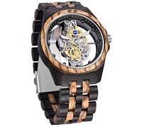 Dentily Men's Wooden Watch, Lightweight Bamboo, Analog Quartz, Skeleton Design, Black & Brown, Unique