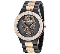 Dentily Men's Wooden Watch, Retro Skull Face Pattern, Black White, Quartz Movement