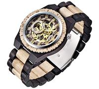 Dentily Men's Wooden Watch Triangle Skeleton Automatic Watch Mechanical Wood Watches for Men, deep brown, Mechanical,Self-winding