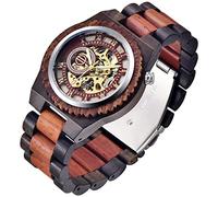 Dentily Men's Wooden Watch Triangle Skeleton Automatic Watch Mechanical Wood Watches for Men, red&black, Mechanical,Self-winding
