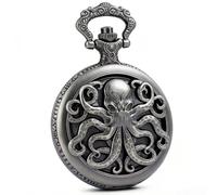 Dentily Vintage Octopus Hollow Quartz Pocket Watch Steampunk Black Pocket Watch with Necklace Chain, grey