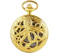Dentily Vintage Octopus Hollow Quartz Pocket Watch Steampunk Black Pocket Watch with Necklace Chain, gold, vintage
