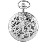 Dentily Vintage Octopus Hollow Quartz Pocket Watch Steampunk Black Pocket Watch with Necklace Chain Gift, CF1173-silver, pocket watch