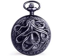 Dentily Vintage Octopus Hollow Quartz Pocket Watch Steampunk Black Pocket Watch with Necklace Chain Gift, CF1173