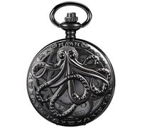 Dentily Vintage Octopus Hollow Quartz Pocket Watch Steampunk Black Pocket Watch with Necklace Chain, black