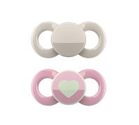 dentistar Day & Night Soother 2-Pack - Size 1 for 0-6 Months - Tooth- & jaw-Friendly Silicone Pacifier - with Glow-in-The-Dark Night Dummy - Beige & Pink with Heart - Made in Germany