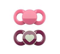 dentistar Day & Night Soother 2-Pack - Size 3 from 14 Months - Tooth- & jaw-Friendly Silicone Pacifier - with Glow-in-The-Dark Night Dummy - Pink & Violet with Heart - Made in Germany