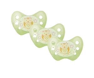 dentistar Night Silicone Soother Set of 3 - Size 1, 0-6 Months - Silicone Soother with Dental Step - Glow in The Dark Baby Dummy - Made in Germany - Owl, Green