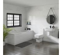 Denton Basin and 1700mm Slim Edge Straight Single Ended Bathroom Suite including Matt Black Taps and Wastes | White | 550mm