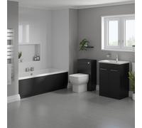 Denton Slim Edge Straight Double Ended Bathroom Suite including Furniture Set with Polished Chrome Handles | Nero Oak | ABS Polished Chrome | 1700mm