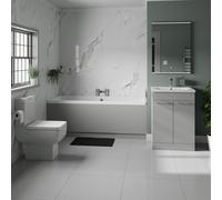 Denton Slim Edge Straight Double Ended Bathroom Suite including Vanity Unit with Polished Chrome Handles | Gloss Grey Pearl | 1700mm
