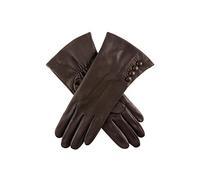 Women's Touchscreen Three-Point Silk-Lined Leather Gloves with Buttons - MOCCA / 8