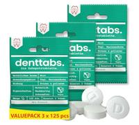 Denttabs Toothbrush Tablets Mint with Fluoride 3 x 125 Pieces for 6 Months. The Complete Alternative to Toothpaste Vegan Plastic Free No Preservatives Original DENTTABS Compostable Bags