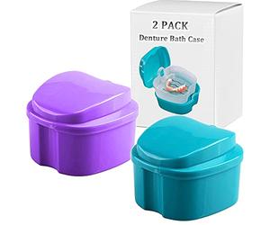 Denture Bath Box Cup, Complete Clean Care for Dentures, Clear Braces, Mouth Guard, Night Guard & Retainers,Traveling (Blue & Purple)