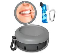 Denture Bath Box, Retainer Case for Braces, Leakproof Portable Retainer Box, Denture Cleaning Kit with Cleaner Brush Carabiner, Strainer & Mirror, Denture Cup for Aligner Retainer Mouth Guard