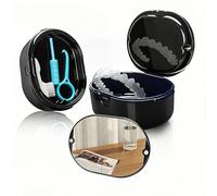 Denture Bath Box Retainer Cleaning Case with Basket, Small Brush,Braces Removal Tool, Soft Orthodontic Chewie for Aligner, Storage and Immersion of Mouthguards Retainers and Dental Appliances (Black)