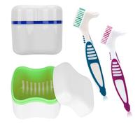 Denture Bath Cup and Brush set - 2 Pack Denture Case with Basket + 2 Pack Denture Brush, Portable Denture Retainer Storage Box, Premium Hygiene False Teeth Brushes for Oral Care