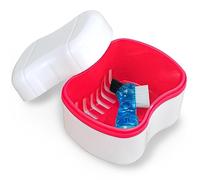 Denture Box Case with Flushable Basket, Dental Retainer Cleaning Case False Teeth Container Box Mouth Guard Holder Case with Brush for Travel and Daily Use - Pink