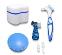 Denture Box Set,Retainer Case Denture Bath Cleaning kit,Denture Box with Mirror,2 Aligner Removal Tools, Cleaning Brush,Travel-Friendly (Blue)
