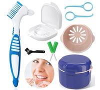 Denture Box Set, Retainer Case Denture Bath Cleaning kit, Denture Box with Mirror, with 2 Aligner Removal Tool, Chewies and Denture Brush for Braces Or Dentures Cleaning Storage for Travel