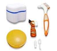 Denture Box Set Retainer Case with 2 Aligner Removal Tool Denture Bath Cleaning kit Denture Box with Mirror Denture Cleaning Care Cleaning Brush Prosthesis Brush for Travel(Orange)