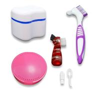 Denture Box Set Retainer Case with 2 Aligner Removal Tool Denture Bath Cleaning kit Denture Box with Mirror Denture Cleaning Care Cleaning Brush Prosthesis Brush for Travel(Pink)