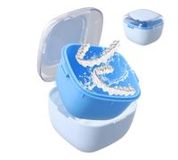 Denture Case, Portable Denture Box for Soaking Cleaning, Retainer Case with Rinsing Basket, False Teeth Storage Container for Dentures, Retainers, Clear Braces - Blue