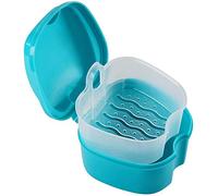 Denture Case, Turquoise Plastic Denture Bath Box with Strainer and Basket Net Container Holder for Travel