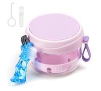 Denture Case with Strainer and Mirror, Leak Proof Denture Bath Cup for Travel, Purple Denture Container Cups for Soaking Full & Partial Dentures, Retainers with Denture Brush, Aligner Removal Tool