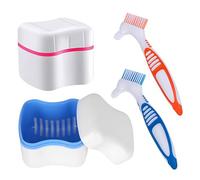 Denture Cleaner Box and Brush Set - 2 Pack Denture Bath Case with Basket + 2 Pack Denture Brush, Portable Denture Retainer Storage Box, Premium Hygiene False Teeth Brushes for Oral Care