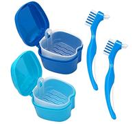 Denture Cleaner Box and Brush Set - 2 Pack Denture Bath Case with Basket + 2 Pack Denture Brush, Portable Denture Retainer Storage Box, False Teeth Brushes for Oral Care (Light and dark blue)