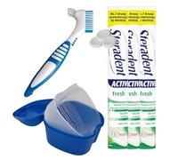 Denture Cleaning Complete Set Bundled with 3X Steradent Active Fresh Cleaning Tablets 30 Pack, 1x Denture Bath & 1x Cleaning Brush