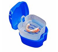Denture Soaking Container Partial Denture Case, Orthodontic Retainer Cleaning Case Denture Cleaner Container Dentures Teeth Cup with Strainer and Lid Waterproof for Home & Travel (Dark Blue)