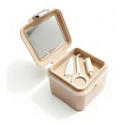 Denture Soaking Container Retainer Cleaner Case, Leak Proof Denture Bath Box with Strainer Basket, with Cleaning Brush Dentures Cup, with Mirror Waterproof Denture Holderfor Travel（beige）