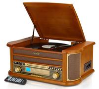 Denver 8-in-1 CD Bluetooth Cassette Player Retro Wooden Record Player HiFi System - 3 Speed Vinyl Turntable & Cassette With CD Player, FM/AM Radio, MP3 USB Recording, AUX IN And Line Out - MCR-50BT