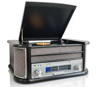 Denver 9-in-1 CD Bluetooth Cassette Player Retro Wooden Record Player HiFi System - 3 Speed Vinyl Turntable & Cassette With CD Player, FM/AM Radio, MP3 USB Recording, AUX IN And Line Out - MCR-50BT