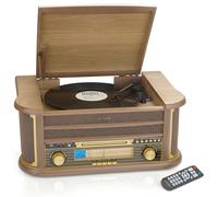 Denver 9-in-1 CD Bluetooth Cassette Player Retro Wooden Record Player HiFi System - 3 Speed Vinyl Turntable & Cassette With CD Player, FM/AM Radio,