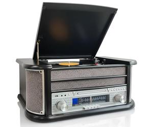 Denver 9-in-1 CD Bluetooth Cassette Player Retro Wooden Record Player HiFi System - 3 Speed Vinyl Turntable & Cassette With CD Player, FM/AM Radio, MP3 USB Recording, AUX IN And Line Out - MCR-50BT