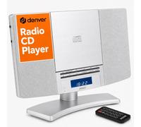 Denver Radio CD Player With Speakers, Wall Mounted or Desktop Stand Small Mains Operated Alarm Clock Radio Boombox Home Audio CD Player with Remote Control - Silver