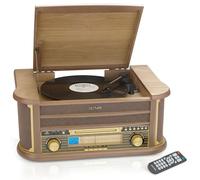 Denver 8-in-1 CD Bluetooth Cassette Player Retro Wooden Record Player HiFi System - 3 Speed Vinyl Turntable & Cassette With CD Player, FM/AM Radio, MP3 USB Recording, AUX IN And Line Out - MCR-50BT