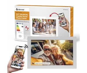Denver PFF1037 Digital Picture Frame with Glass Display and WiFi, 10.1 Inches, Electronic Picture Frame 16 GB with Frameo App, IPS Touch Screen, Auto Rotate, Micro SD Slot, White